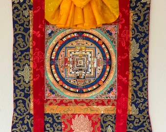 Original Hand-painted Kalachakra/Wheel of Life Mandala Tibetan Thangka Painting  Meditation Art with Traditional Silk Brocade