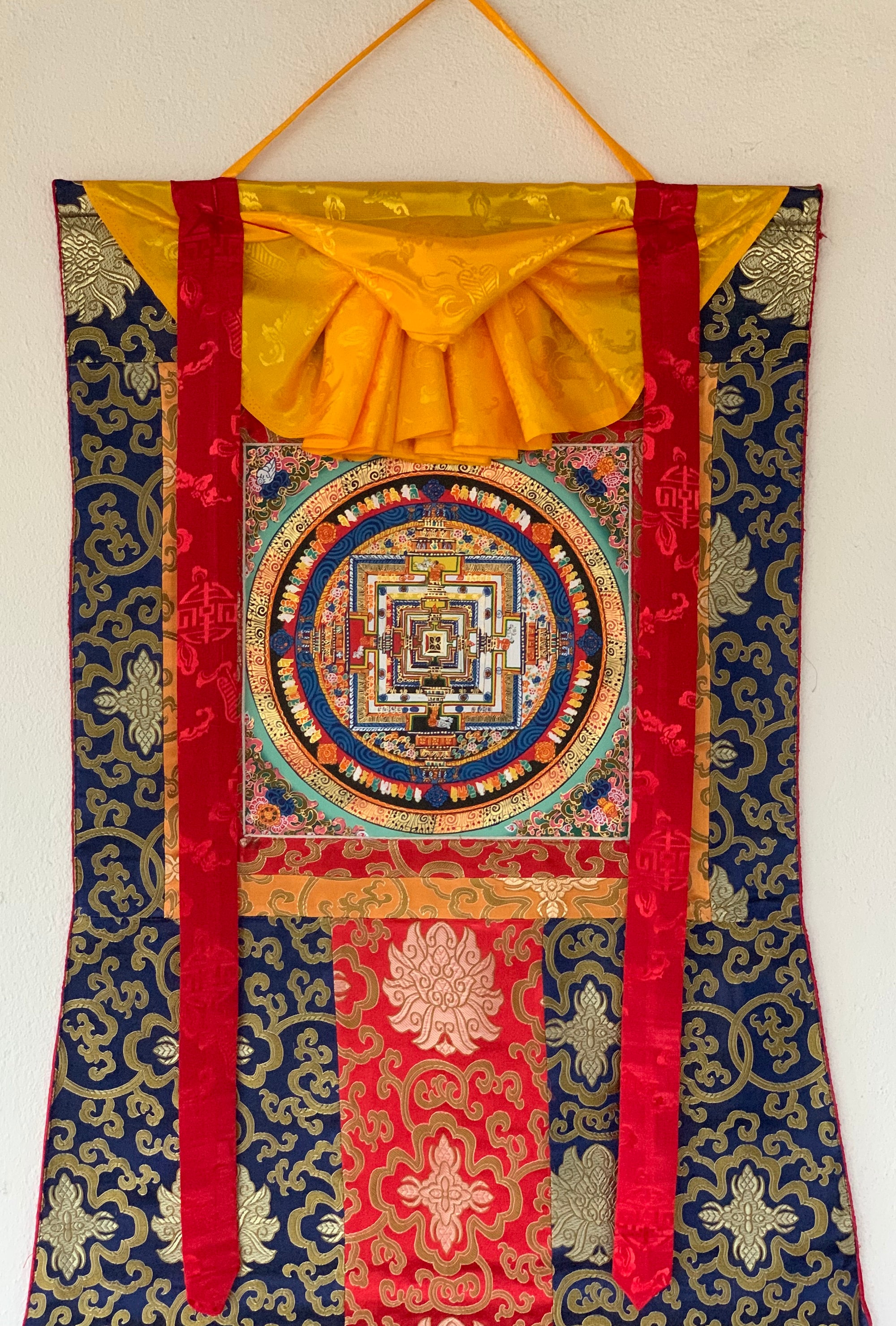 Original Hand-painted Kalachakra/Wheel of Life Mandala Tibetan Thangka Painting Meditation Art with Traditional Silk Brocade