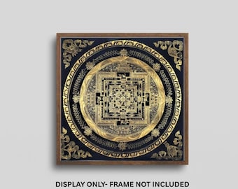 May include: A square wall art print featuring a detailed gold mandala design on a black background, enclosed in a brown wooden frame. The artwork displays intricate geometric patterns and symbols. Text at the bottom reads: DISPLAY ONLY- FRAME NOT INCLUDED.