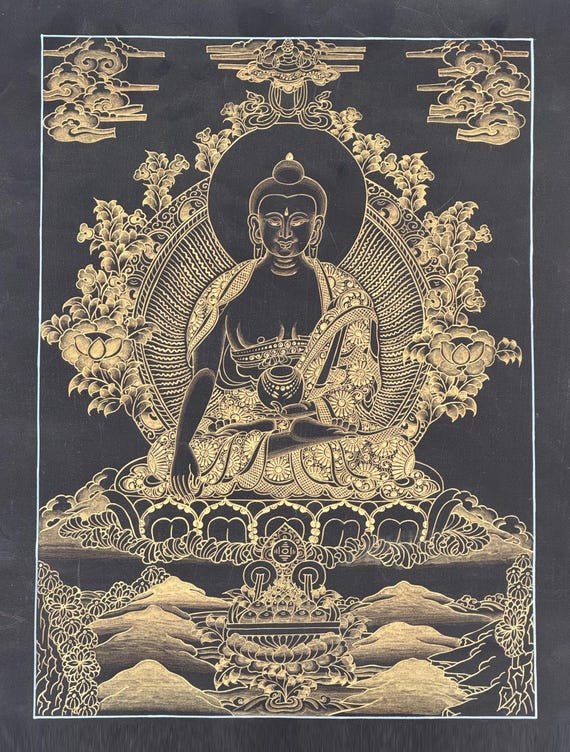 黒と金の釈迦牟尼仏タンカ画｜チベット仏教の伝統的な壁画 - Etsy 日本