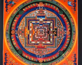 May include: A colorful mandala with intricate details and a central square surrounded by concentric circles. The mandala is painted in shades of red, orange, yellow, green, blue, and black.