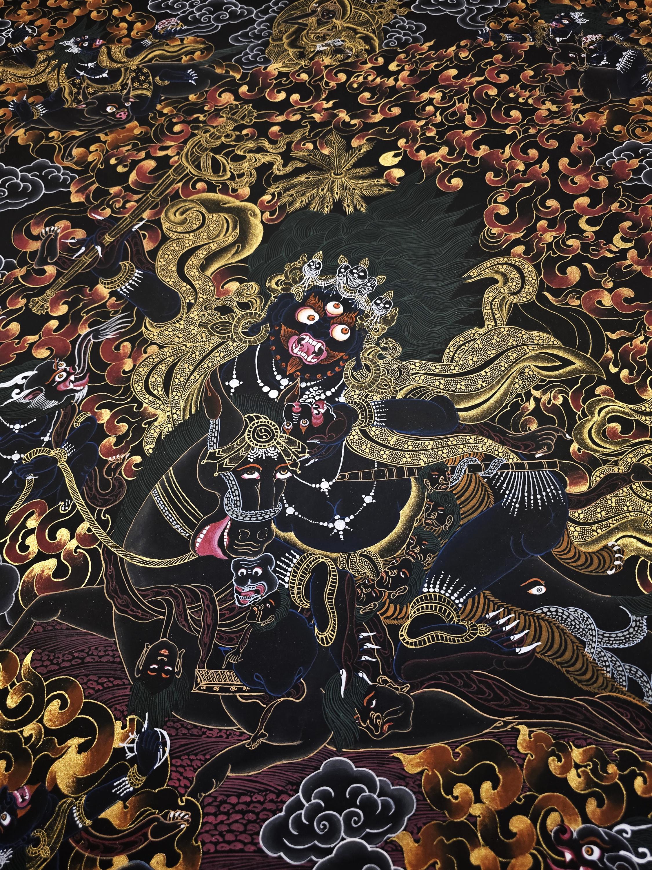 【手描き】五路財神 タンカ 額装付き 20x20cm 金運・開運 仏教美術 手描きのパルデン・ラモ・タンカ｜黒と金の仏教美術 - Etsy 日本