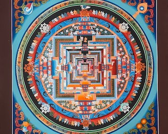 Könnte beinhalten: Ein farbenfrohes Mandala mit einem quadratischen Muster in der Mitte, umgeben von einem kreisförmigen Muster mit komplizierten Details. Das Mandala ist in Blautönen, Rot, Gelb, Grün und Schwarz gemalt.