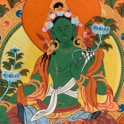 Hand-painted Green Tara, Shyam Tara, shops Thangka, Thanka Painting 17 x 22-Inch