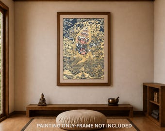 May include: A rectangular wall art print featuring a central deity figure with multiple faces and limbs, rendered in gold and black ink lines against a dark background. The artwork includes the text PAINTING ONLY-FRAME NOT INCLUDED.