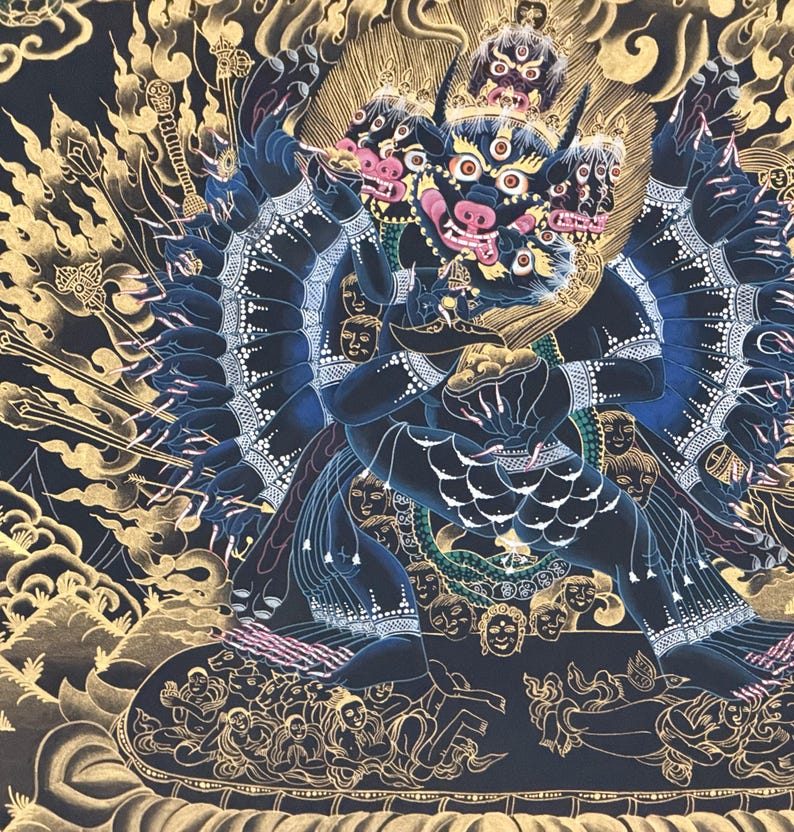 Hand-Painted Yamantaka with Consort Thangka | Wrathful Protector Tibetan Art with Silk Brocade image 10