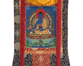 Thangka do Buda da Medicina | Arte Budista Tibetana Pintada à Mão | Buda da Cura com Brocado de Seda