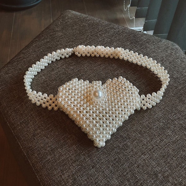 Pearl Bead Heart Bag, Bead Belt Bag, Handmade Bead Bag, Woman Bag, Bead Pearl Purse, Crystal Bead Bag, Luxury Handbag, Mother's Day Gift