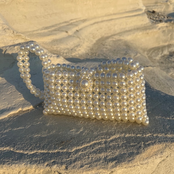 Pearl Beaded Bag, Handmade Bead Bag, Vintage Bead Bag, Bead Pearl Purse, Crystal Bead Bag, Luxury Handbag, Wedding Purse, Bridal Purse