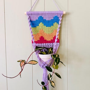 May include: A macrame plant hanger with a geometric pattern in shades of purple, blue, green, orange, and pink. The hanger has a small white pot with a trailing plant inside.