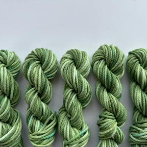 Peut inclure: Cinq écheveaux de fil vert sont présentés. Le fil est un mélange de nuances de vert clair et foncé, créant un effet de couleurs variées. Le fil est enroulé en une forme torsadée, adapté aux projets de tricot ou de crochet.