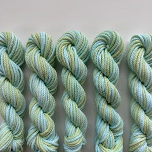 Peut inclure: Cinq écheveaux de fil torsadés en forme de corde. Le fil est un mélange de bleu clair et de vert pâle, créant une palette de couleurs pastel. Le fil est étroitement enroulé, mettant en valeur la texture et les variations de couleur.