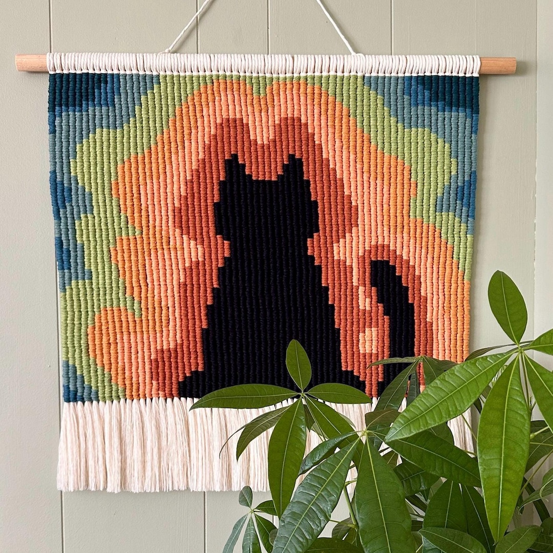 Retro Black Cat Macrame Wall Hanging, Boho Fiber Art With Groovy Waves ...
