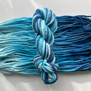 May include: An overhead shot of three skeins of blue yarn. The yarn is in varying shades of blue, from light turquoise to deep navy. One skein is twisted into a tight bundle, while the other two are loosely coiled.
