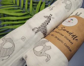 Sooki: Cute Giraffe Elephant Animals Baby Blanket / Bamboo Cotton Infant Swaddle / Receiving Blanket / Muslin Swaddle / Baby Shower Gift