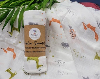 Sooki: Fox Rabbit Forest Animals Baby Blanket / Bamboo Cotton Infant Swaddle / Receiving Blanket / Muslin Swaddle / Baby Shower Gift / Kids