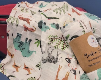 Sooki: Elephant Lion Jungle Animals Baby Blanket / Bamboo Cotton Infant Swaddle / Receiving Blanket / Muslin Swaddle / Baby Shower Gift