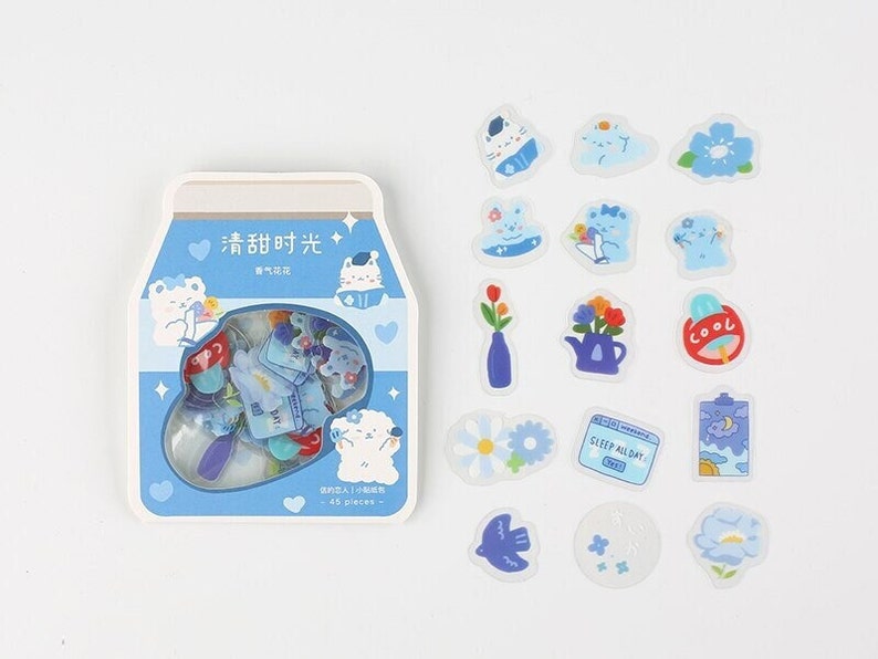 Cute Colorful Stickers Set of 45 Pieces Blue