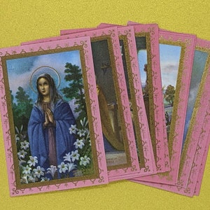 12pcs- Mini Vintage Catholic Holy Card Images- Printed on paper in Italy- Pink and Gold Borders- Assorted Designs- 1960s