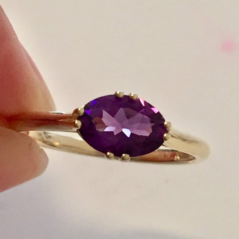 Gemstone ring: amethyst engagement ring gift genuine natural amethyst ring in 9K gold promise ring for her purple amethyst gold ring