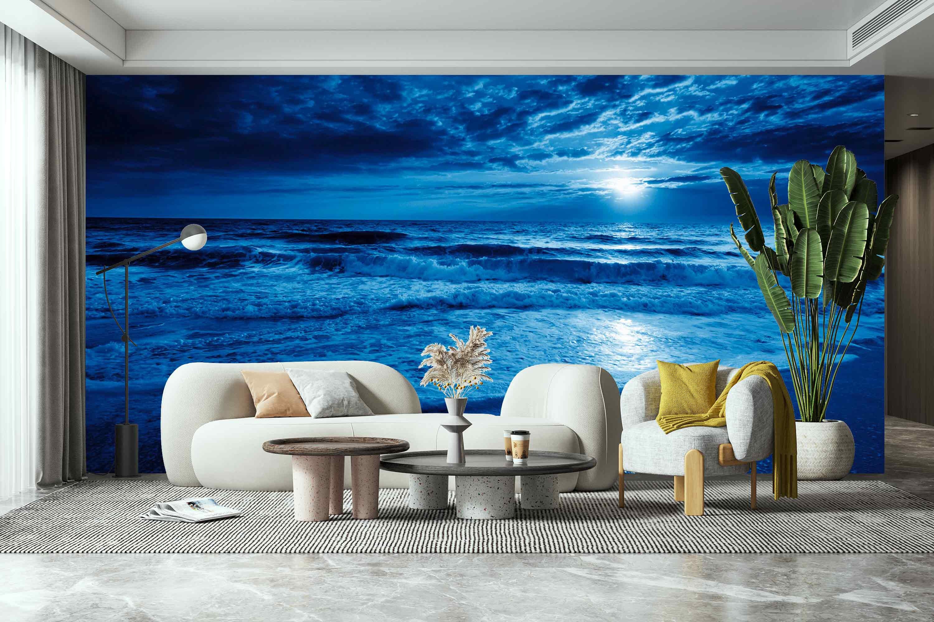 Exquisite Midnight Blue Ocean Mural Wallpaper Funky Nautical Decor for