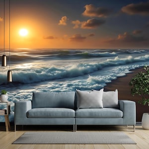 Golden Hour Ocean Sunset Peel and Stick Mural Wallpaper - Serene Waves on Beach | Warm Coastal Wall Decor