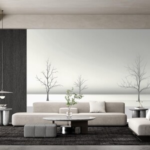 Japandi Mural Wallpaper, Textured Modern Wall Art, Japanese Tree Silhouette Decor