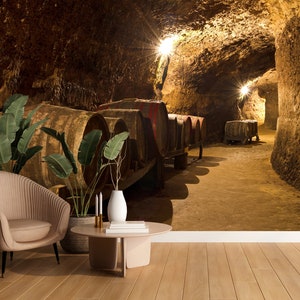 Wine Room Wallpaper - Classic Wine Scene Cellar Mural Wallpaper - Barrel Art Decor