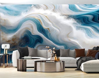 Sea Inspired Mural Wallpaper, Ocean Wave Wall Art, Blue White Gold Whimsical Funky Wallcovering, Scandinavian Decor, Peel and Stick Mural