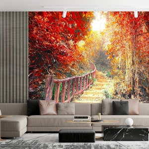 Papier peint panoramique forêt enchantée : magnifique murale magique de chemin forestier avec pont en bois et oeuvre d'art de conte de fées pour une escapade de rêve mystique