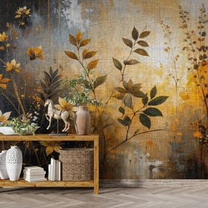 Luxury Mural - Vintage Golden Botanical Wallpaper - Rustic Elegance Wall Art - Warm Gold & Earth Tone Floral Design - Peel and Stick Mural