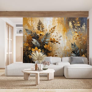 Gold Leaf Botanical Peel and Stick Mural – Elegant Abstract Floral Wall Art with Metallic Gold, Dark Blue Accents for Serene Luxury Decor