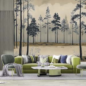Misty Forest Wall Mural, Japandi Wallpaper, Neutral Wall Art, Nature Wallpaper, Tree Mural for Home Decor