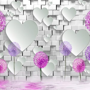 Carta da parati murale 3D con cuori eleganti e affascinanti denti di leone rosa per una decorazione murale sofisticata e artistica