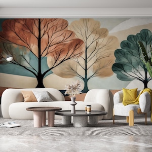 Japandi Style Image Peel and Stick Wallpaper Mural: Original Watercolor Tree Art for Beautiful Fall Decor and Elegant Home Style