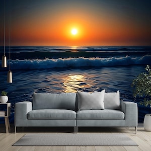 Ocean Wall Art, Sunset Ocean Mural, Peel and Stick Wallpaper, Large Seaside Wall Mural for Bedroom, Peaceful View Home Decor
