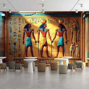 Majestic Egyptian Gods Mural: Ancient Deities Wall Art, Hieroglyphic Decor