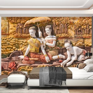 Murale da parete del tempio thailandese - Carta da parati murale unica in rilievo - Opera d'arte artigianale per una casa elegante