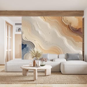 Carta da parati con motivo a onde, carta da parati astratta marmorizzata crema e beige, carta da parati Fluid Art Waves, decorazione da parete calda e neutra, carta da parati moderna per la casa