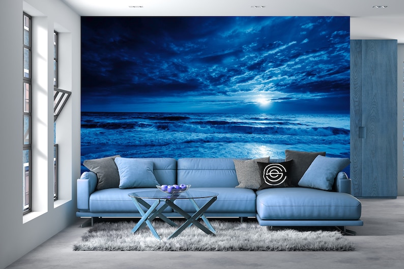 Exquisite Midnight Blue Ocean Mural Wallpaper Funky Nautical Decor for