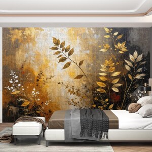 Luxury Gold Leaf Botanical Mural Wallpaper - Abstract Nature Wall Art, Modern Floral Design for Serene Interiors - Peel and Stick Wall Mural
