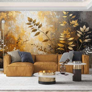 Luxury Gold Leaf Botanical Mural Wallpaper - Metallic Abstract Nature Wall Art, Modern Floral Design for Serene Interiors