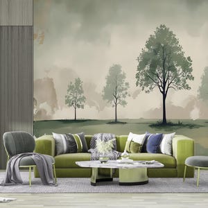 Japandi Watercolor Tree Wall Mural – Scandinavian Nature Wallpaper for Home Decor & Bedrooms