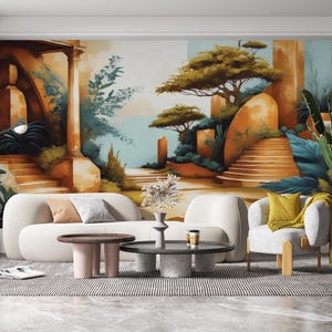 Murale del Tempio Sereno / Carta da Parati con Architettura Antica / Decorazione Murale Storica con Paesaggio Tranquillo