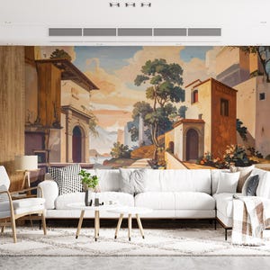 Tuscan Villa View Art Mural Wallpaper | Mediterranean Landscape Wall Art | Scenic Italian Countryside Peel and Stick | Peel and Stick Mural