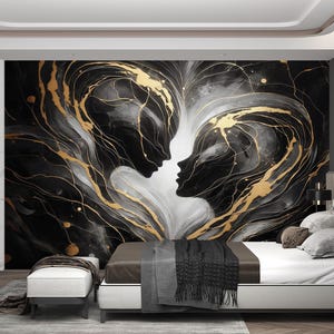 Carta da parati astratta Amanti astratti in oro nero - Arte murale di lusso - Silhouette moderna di coppia - Carta da parati non tessuta