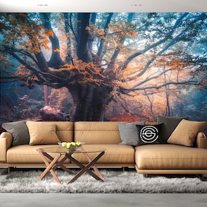 Papier peint mural arbre mystique pour un paysage forestier enchanteur et décoration murale féerique, décoration boisé enchanteur, art arbre féerique magique