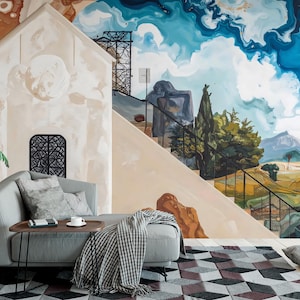 Murale di città greca - Carta da parati artistica con aspetto di villaggio mediterraneo, cielo azzurro da sogno, architettura contemporanea, decorazione murale artistica per la casa