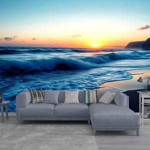 Sunset Ocean Mural - Peel and Stick Seascape Wallpaper for Cozy Coastal Design, Dreamy Beach Decor, Rental Friendly Art