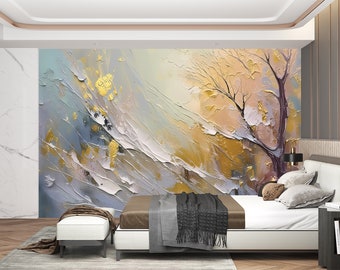 Serene Tree Mural, Textured Wall Art, Gold and Pastel Landscape, Modern Nature Painting, Fall Tree Wallpaper for Living Room Decor